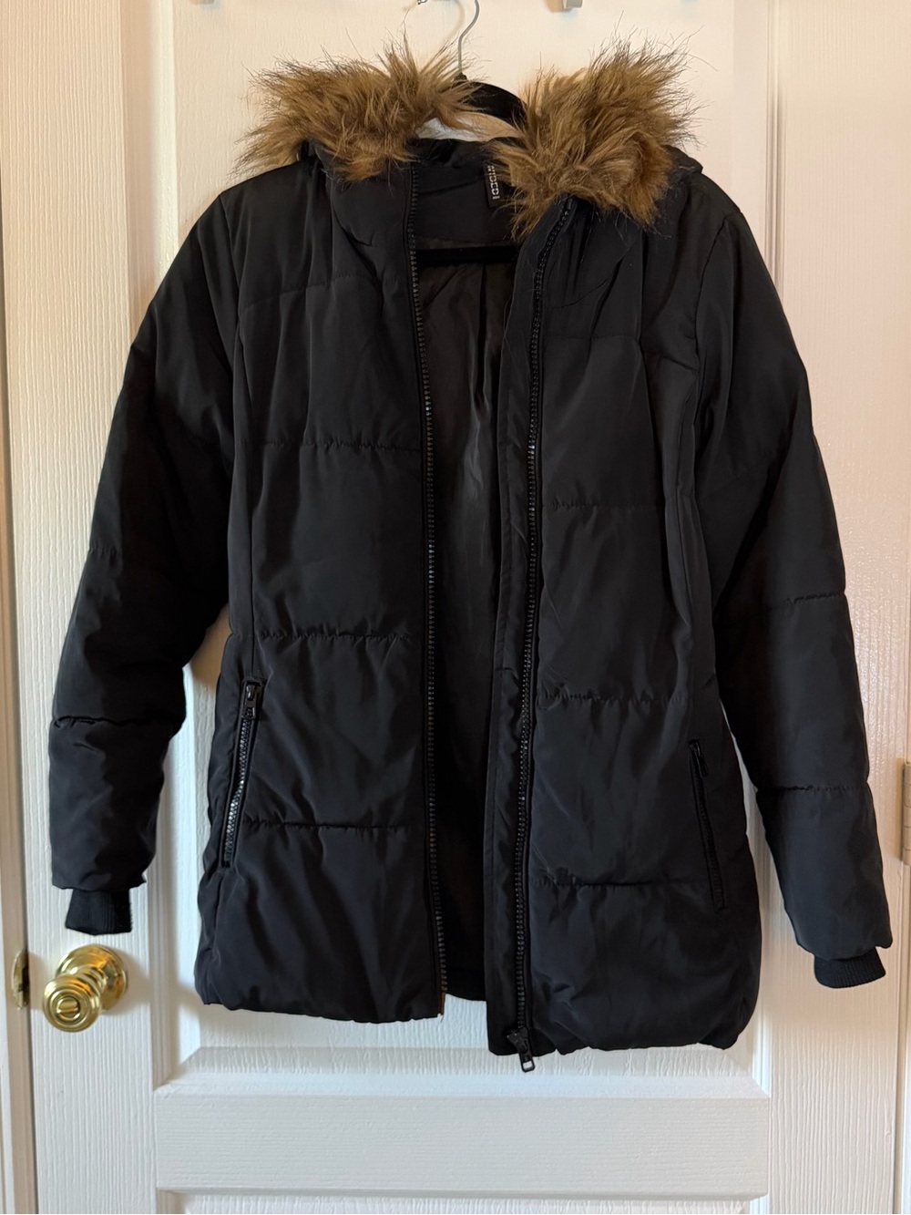 H&M Black Puffer Coat with Brown Faux Fur Trim